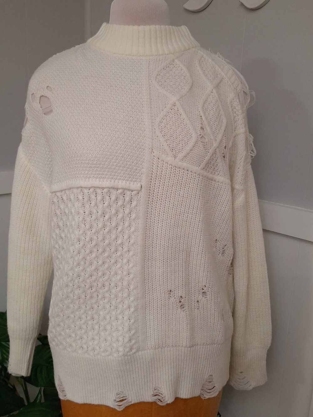 Daytrip Cream Patchwork Knit Crewneck Sweater